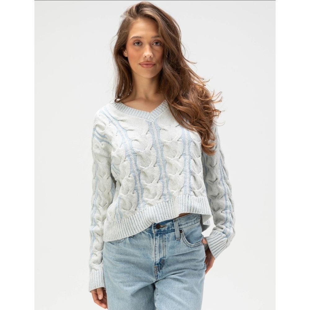 NWT FREE PEOPLE Blue Washed Chunky Cable Knit Womens XS V-Neck Cropped Sweater